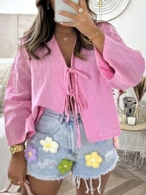 Pink Tie-Front Long Sleeve Blouse Bow Top Pink Flowy Long Sleeve Summer Long